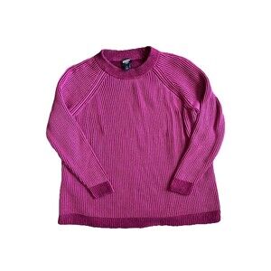 Lands End Drifter Ribbed Knit Pullover Sweater Fuchsia Pink 100% Cotton Sz Large